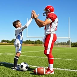 A heartwarming scene depicting friendship between a soccer player and a football player