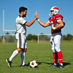 A heartwarming scene depicting friendship between a soccer player and a football player