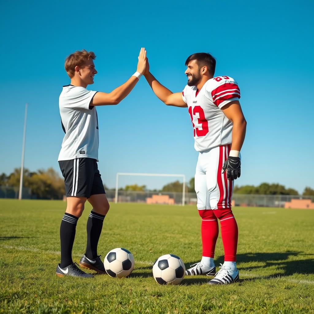 A heartwarming scene depicting friendship between a soccer player and a football player