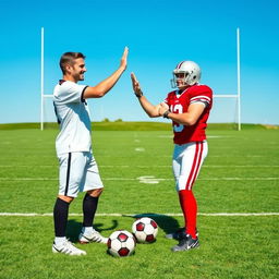 A heartwarming scene depicting friendship between a soccer player and a football player