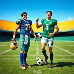 A joyful scene illustrating the friendship between a football player and a soccer player