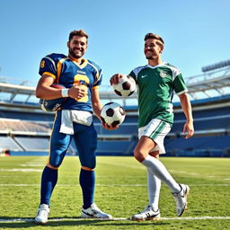 A joyful scene illustrating the friendship between a football player and a soccer player