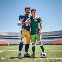 A joyful scene illustrating the friendship between a football player and a soccer player