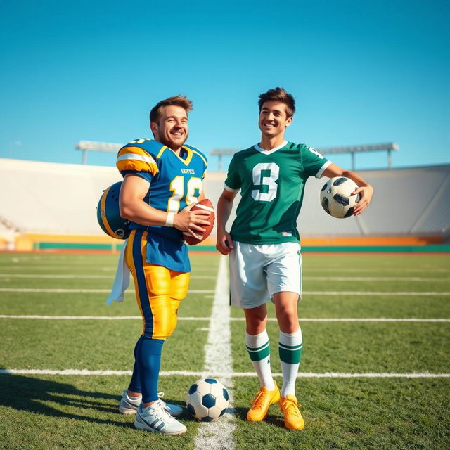 A joyful scene illustrating the friendship between a football player and a soccer player