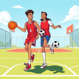 A vibrant and lively illustration capturing the friendship between a basketball player and a soccer player