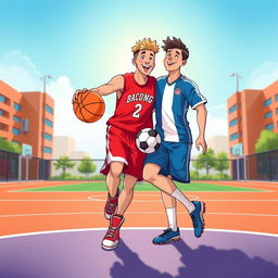 A vibrant and lively illustration capturing the friendship between a basketball player and a soccer player