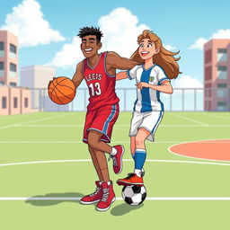 A vibrant and lively illustration capturing the friendship between a basketball player and a soccer player