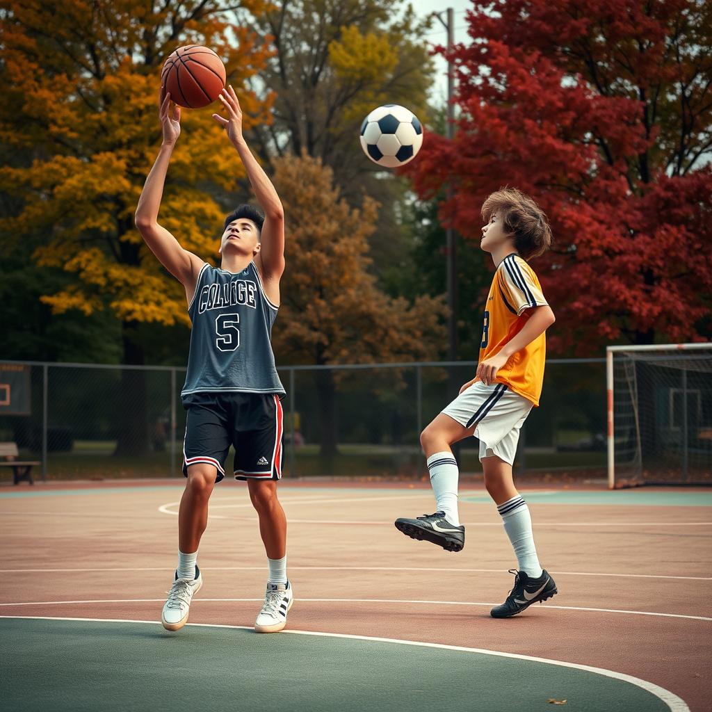 A realistic scene from the coming-of-age film "Home Town Heroes" depicting the friendship between a basketball player and a soccer player