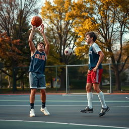 A realistic scene from the coming-of-age film "Home Town Heroes" depicting the friendship between a basketball player and a soccer player