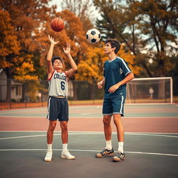 A realistic scene from the coming-of-age film "Home Town Heroes" depicting the friendship between a basketball player and a soccer player