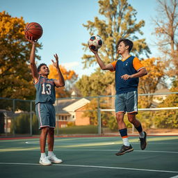 A realistic scene from the coming-of-age film "Home Town Heroes" depicting the friendship between a basketball player and a soccer player