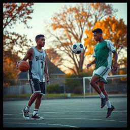 A realistic scene from the coming-of-age film "Home Town Heroes" showcasing the friendship between two athletes, both of Black descent—one a basketball player and the other a soccer player