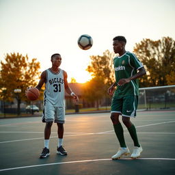 A realistic scene from the coming-of-age film "Home Town Heroes" showcasing the friendship between two athletes, both of Black descent—one a basketball player and the other a soccer player