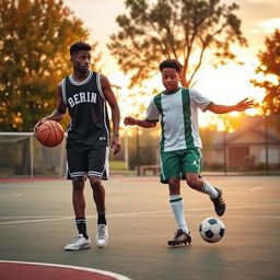 A realistic scene from the coming-of-age film "Home Town Heroes" showcasing the friendship between two athletes, both of Black descent—one a basketball player and the other a soccer player