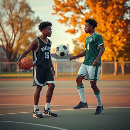 A realistic scene from the coming-of-age film "Home Town Heroes" showcasing the friendship between two athletes, both of Black descent—one a basketball player and the other a soccer player