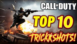 A thrilling Call of Duty trickshot YouTube thumbnail featuring a soldier in mid-air, performing a skillful trickshot with a sniper rifle, surrounded by dramatic motion lines and bursts of light to accentuate the action