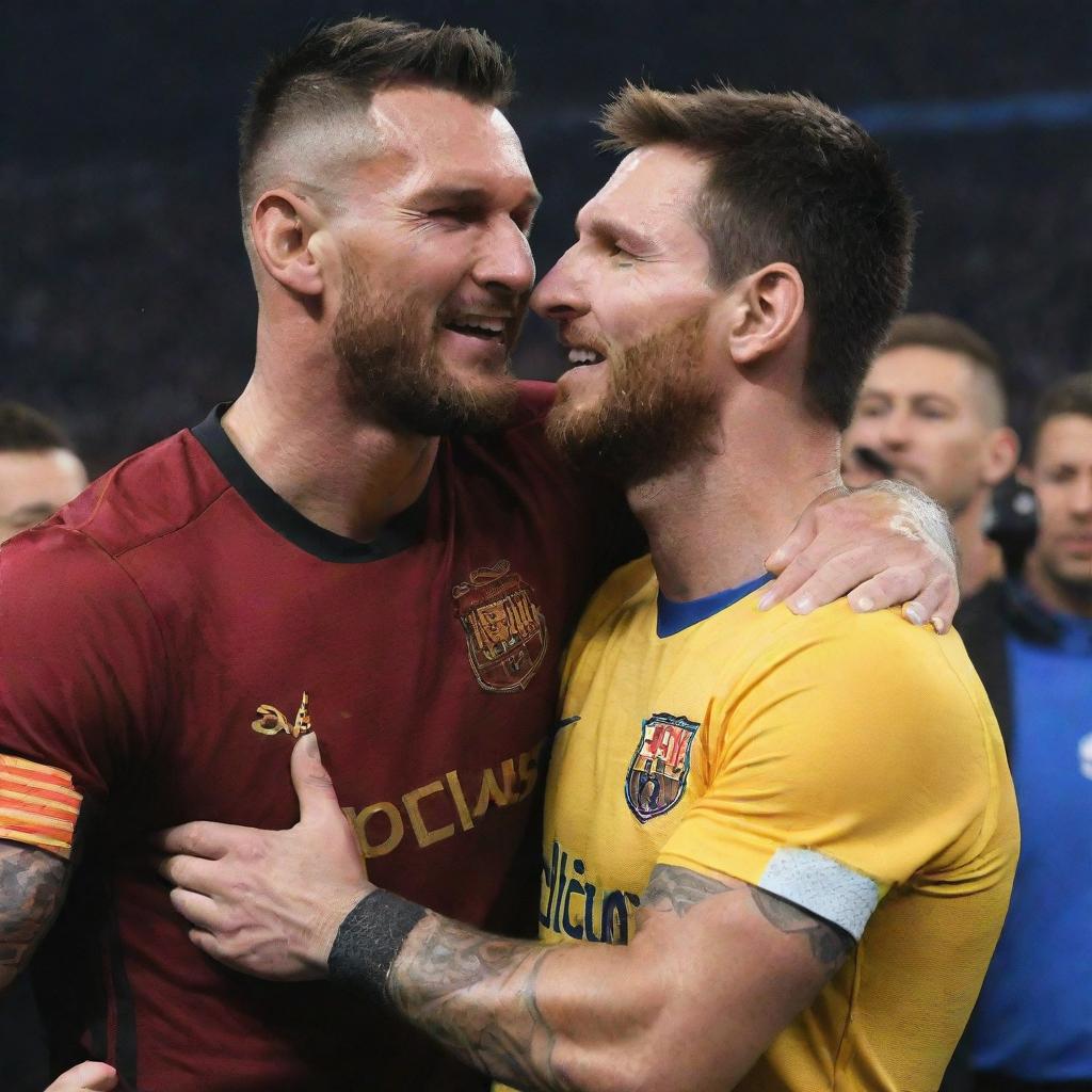 Randy Orton and Lionel Messi, sports icons from wrestling and football respectively, in a friendly embrace