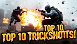 A thrilling Call of Duty trickshot YouTube thumbnail featuring a soldier in mid-air, performing a skillful trickshot with a sniper rifle, surrounded by dramatic motion lines and bursts of light to accentuate the action