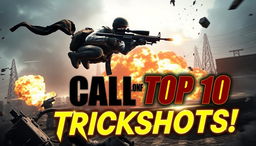 A thrilling Call of Duty trickshot YouTube thumbnail featuring a soldier in mid-air, performing a skillful trickshot with a sniper rifle, surrounded by dramatic motion lines and bursts of light to accentuate the action