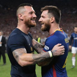 Randy Orton and Lionel Messi, sports icons from wrestling and football respectively, in a friendly embrace