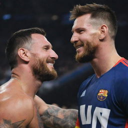 Randy Orton and Lionel Messi, sports icons from wrestling and football respectively, in a friendly embrace