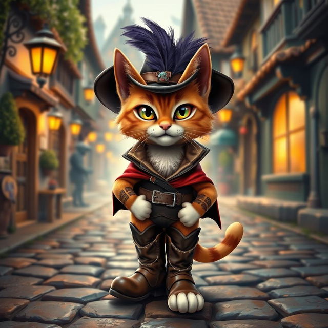 A charming and adventurous cat wearing stylish leather boots, a feathered hat, and a cape, standing confidently on a cobblestone street