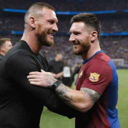 Randy Orton and Lionel Messi, sports icons from wrestling and football respectively, in a friendly embrace