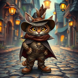 A charming and adventurous cat wearing stylish leather boots, a feathered hat, and a cape, standing confidently on a cobblestone street