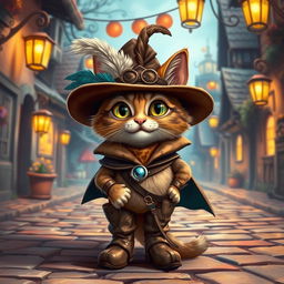 A charming and adventurous cat wearing stylish leather boots, a feathered hat, and a cape, standing confidently on a cobblestone street