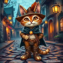 A charming and adventurous cat wearing stylish leather boots, a feathered hat, and a cape, standing confidently on a cobblestone street