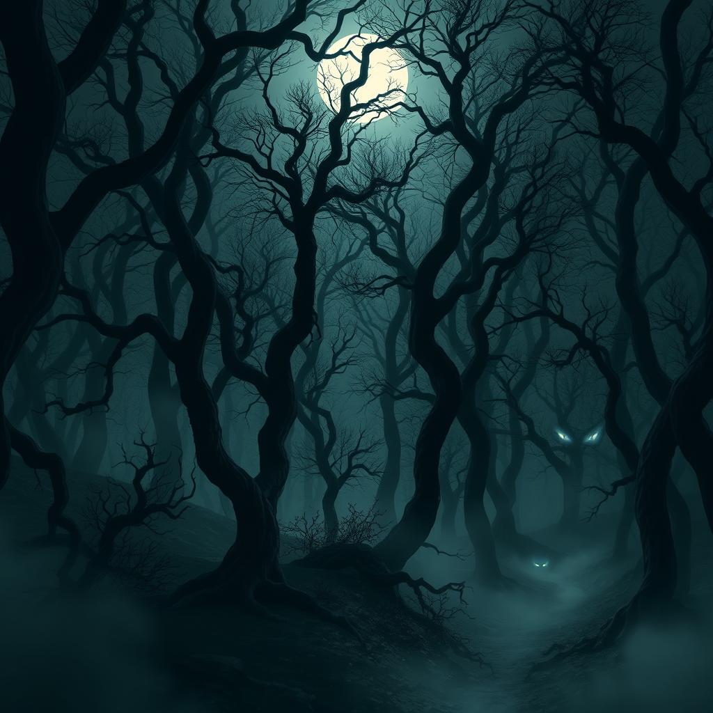 A dark and eerie forest scene with twisted, gnarled trees and fog creeping along the forest floor