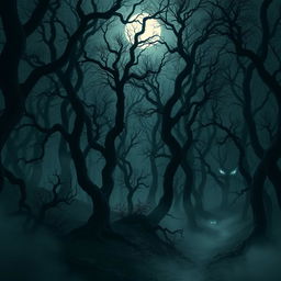 A dark and eerie forest scene with twisted, gnarled trees and fog creeping along the forest floor
