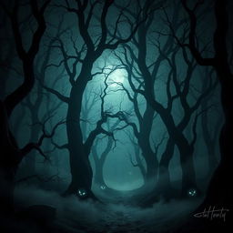 A dark and eerie forest scene with twisted, gnarled trees and fog creeping along the forest floor