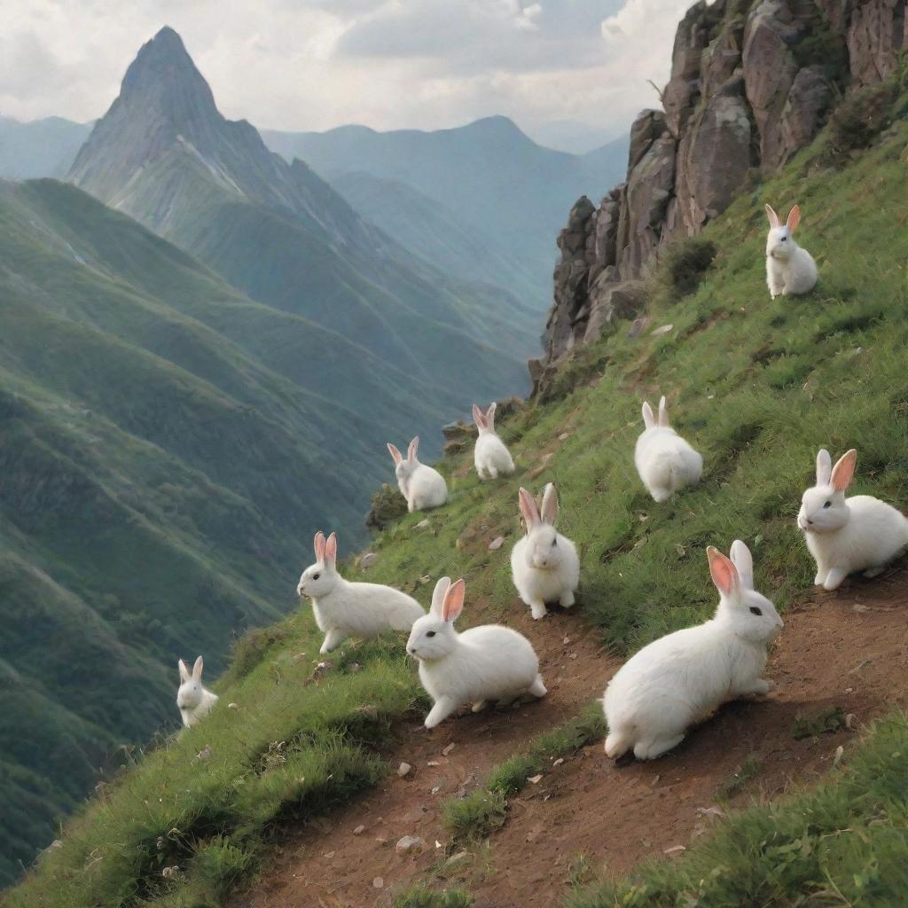 A joyful scene of fluffy rabbits gallivanting and hopping along the rugged terrain of a serene, lush mountain.