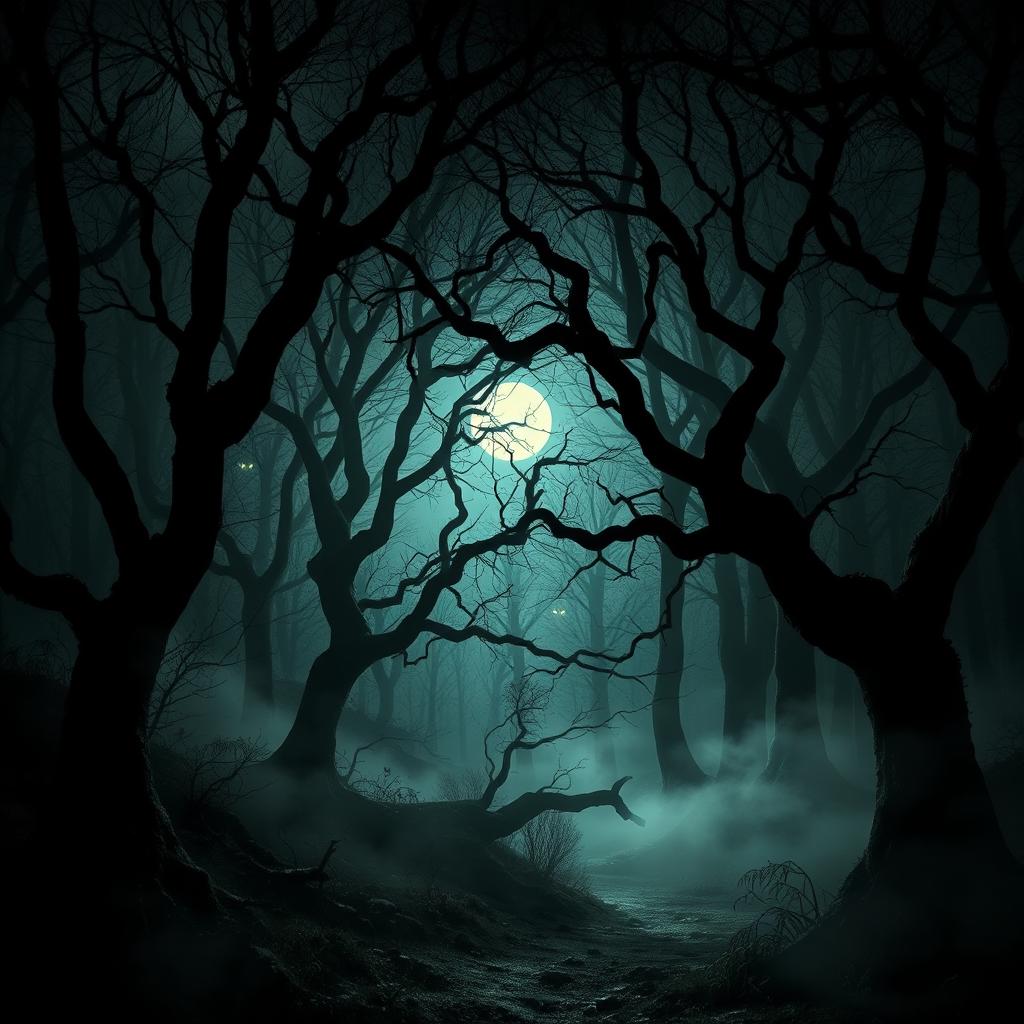 A dark and eerie forest scene with twisted, gnarled trees and fog creeping along the forest floor