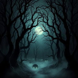 A dark and eerie forest scene with twisted, gnarled trees and fog creeping along the forest floor