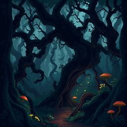 A cursed forest scene depicted in pixel art style