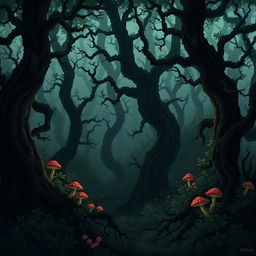 A cursed forest scene depicted in pixel art style