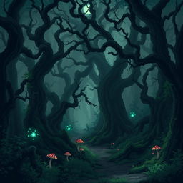 A cursed forest scene depicted in pixel art style