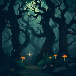 A cursed forest scene depicted in pixel art style