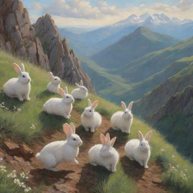 A joyful scene of fluffy rabbits gallivanting and hopping along the rugged terrain of a serene, lush mountain.