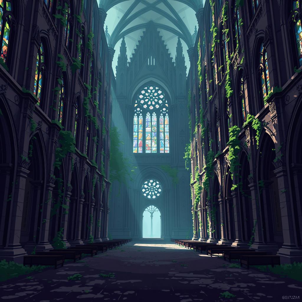 An abandoned cathedral depicted in pixel art style