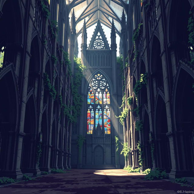 An abandoned cathedral depicted in pixel art style