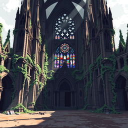 An abandoned cathedral depicted in pixel art style