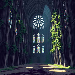 An abandoned cathedral depicted in pixel art style