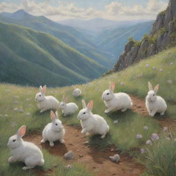 A joyful scene of fluffy rabbits gallivanting and hopping along the rugged terrain of a serene, lush mountain.