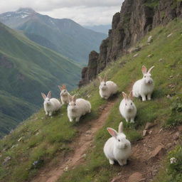 A joyful scene of fluffy rabbits gallivanting and hopping along the rugged terrain of a serene, lush mountain.