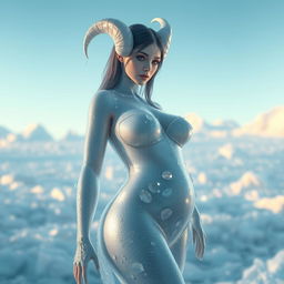 A voluptuous ice reptilian woman with gracefully curved horns