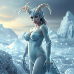 A voluptuous ice reptilian woman with gracefully curved horns