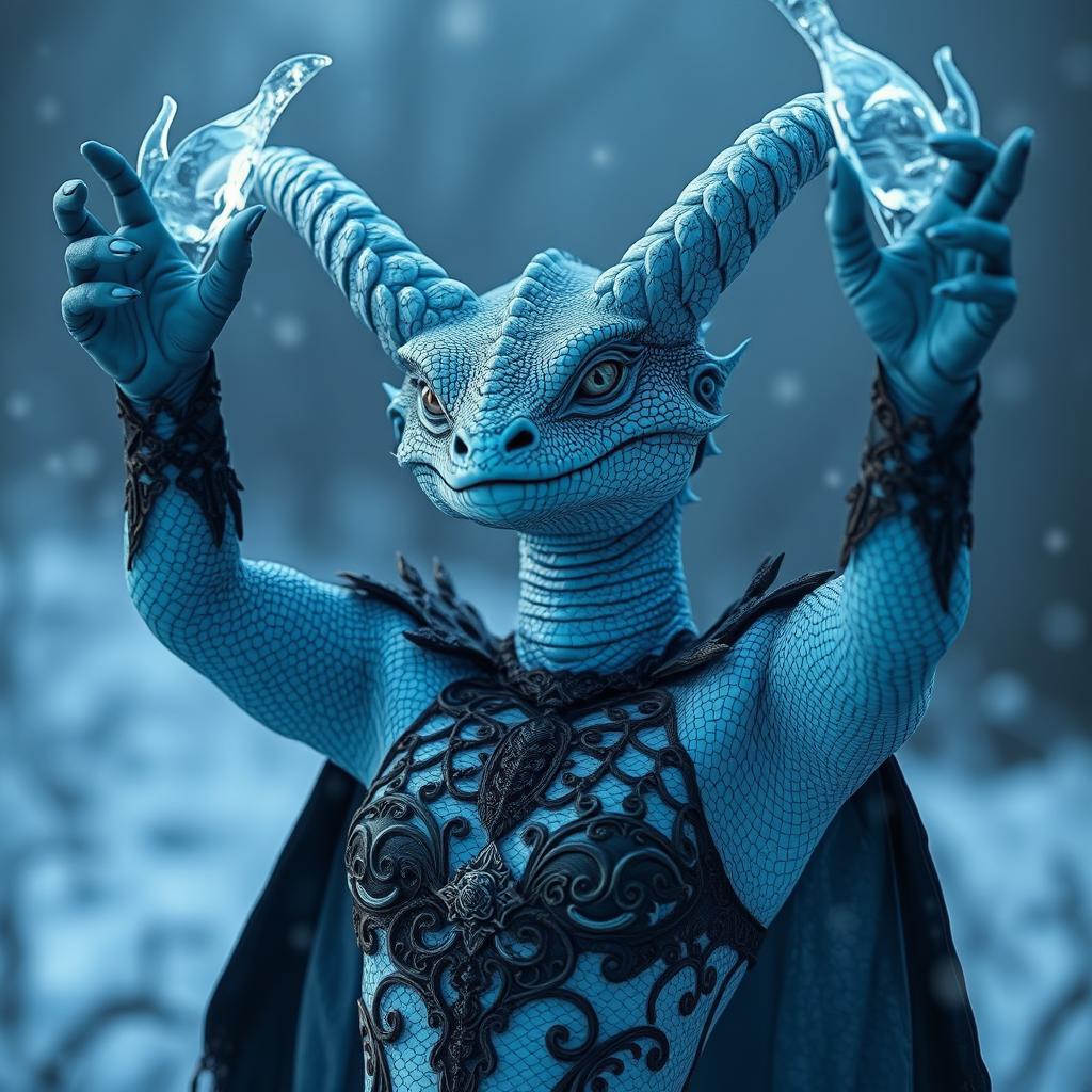 A gothic female reptilian with sky-blue skin and horns, raising her arms made of ice